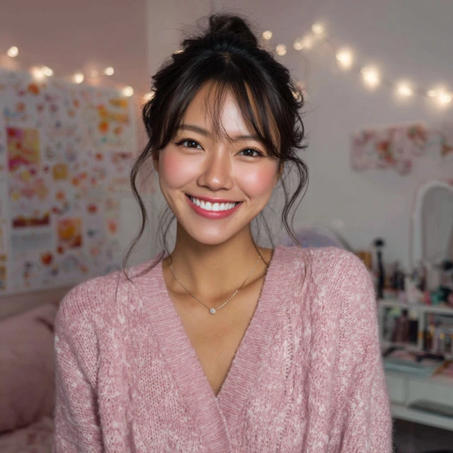 Smiling Japanese Woman Beauty in Her Room