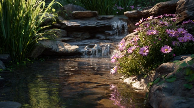 Tranquil Garden Stream with Waterfall and Flowers