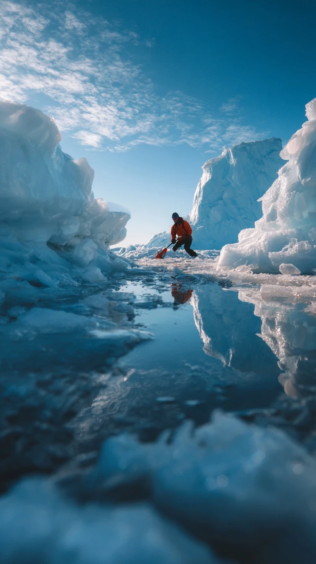 Antarctica Iceberg Scene Person in Blizzard