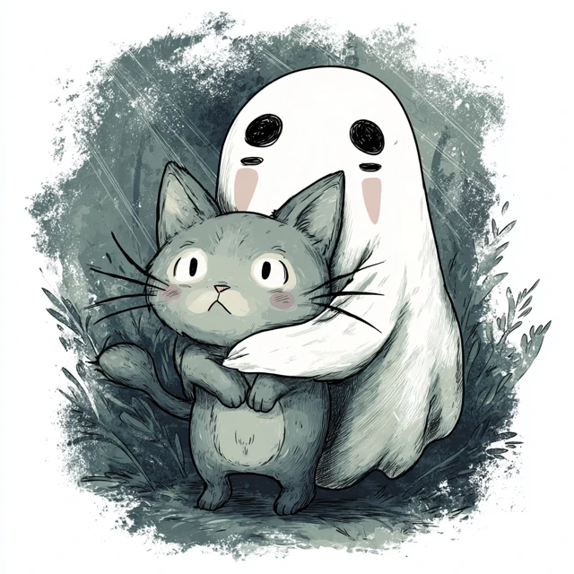 Anime Cat Hugging Ghost