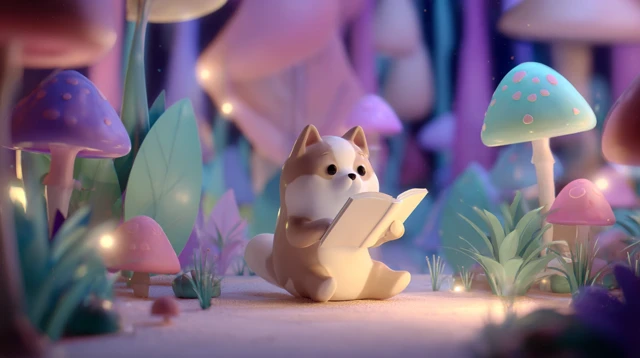 Cute Cartoon Dog Reading in a Magic Forest