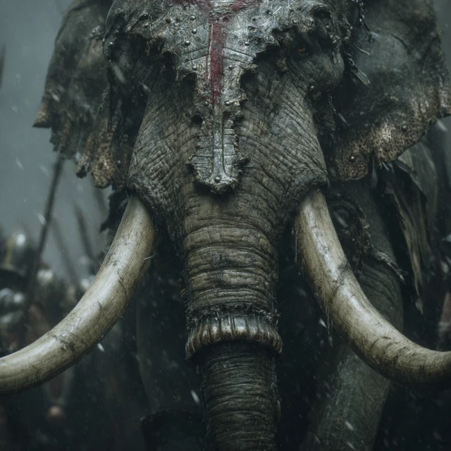 Battle Elephant Attacking From Low View Point