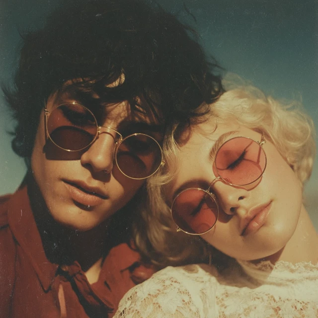 70s Retro Couple Photo: Sunglasses, Curls, and Style
