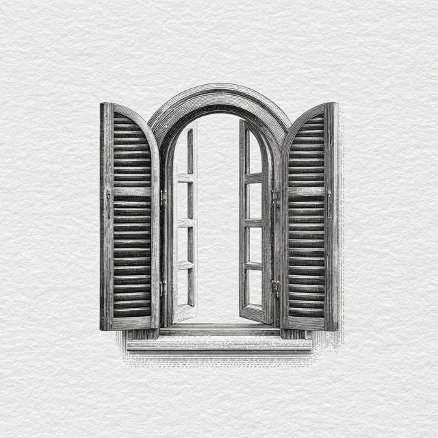 Vintage Engraving Arched Window with Shutters