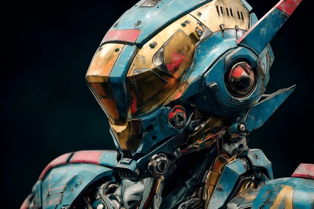 Hyper Real Battle Mecha Portrait in Teal Gold