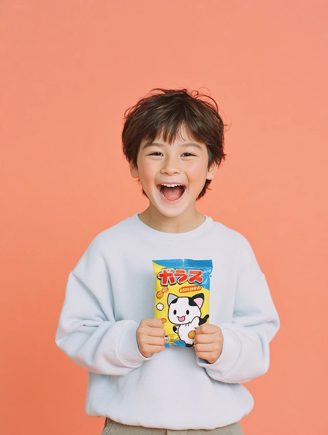 Happy Japanese Boy with Snack Commercial Style