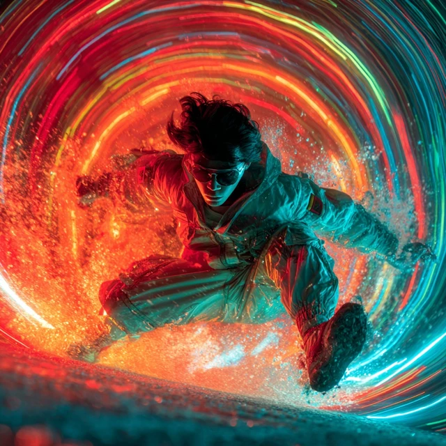 Futuristic Traveler in Hyperspace Tunnel