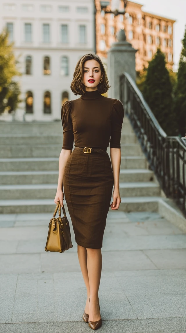 Stylish European Woman in Brown Dress Urban Fashion