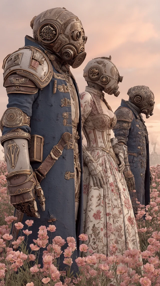 Steampunk Rococo Aristocrats in Field of Flowers
