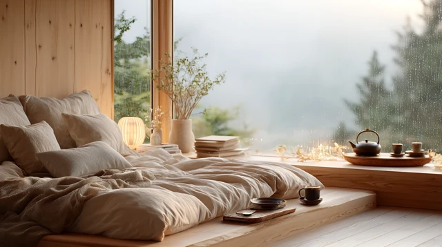 Cozy Bedroom with Rain Views Zen Ambiance