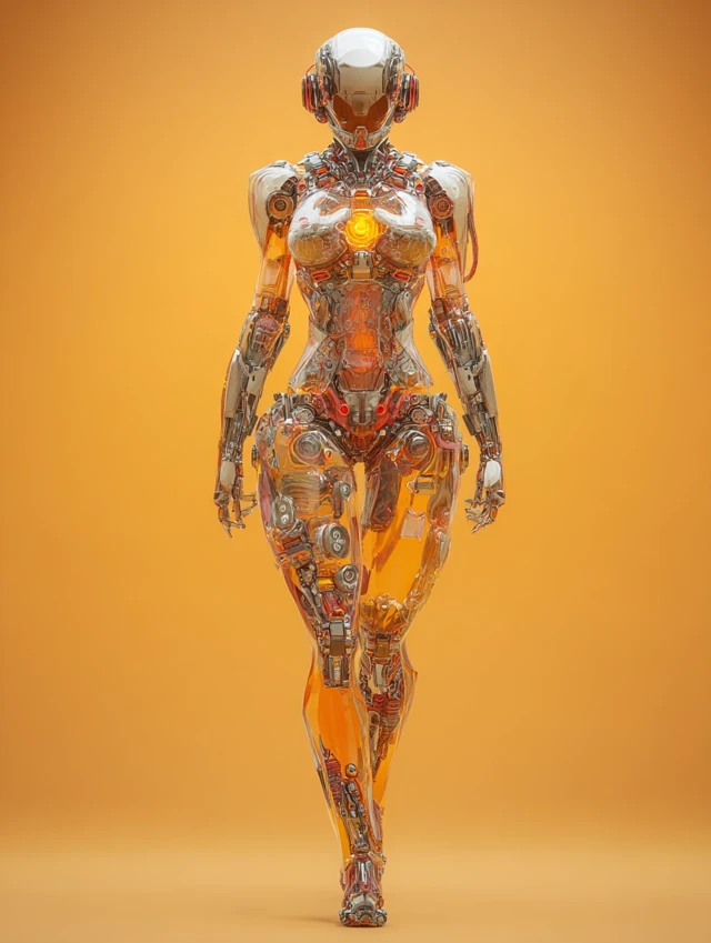 Futuristic Android: Orange Chrome Armor and AI Core