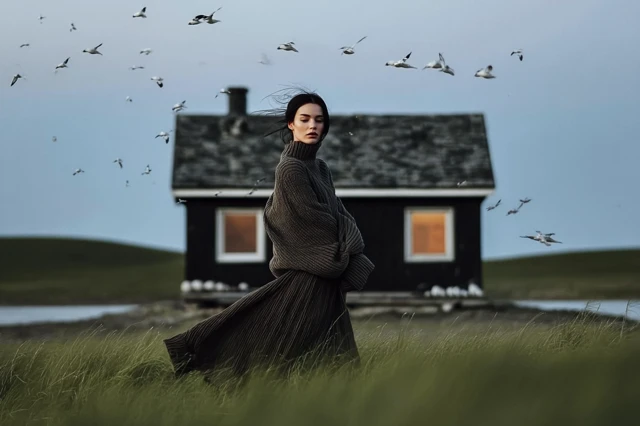 Woman in Sweater Escaping Cabin Dusk Landscape