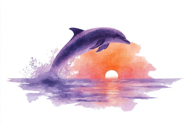 Dolphin Leaping Sunset Watercolor Clipart