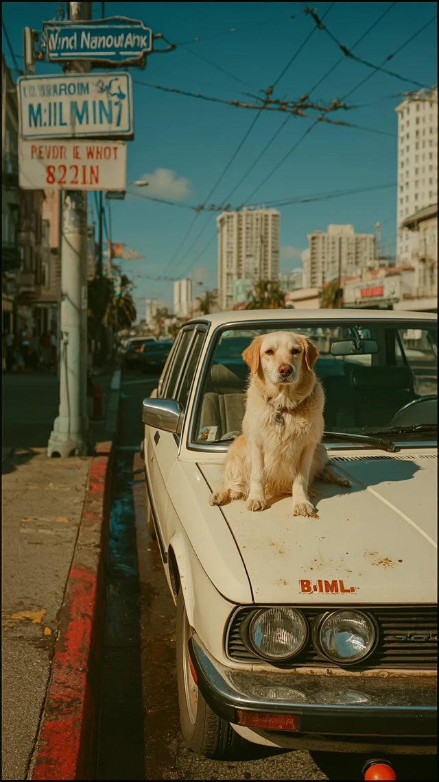 Golden Retriever on Car in the City