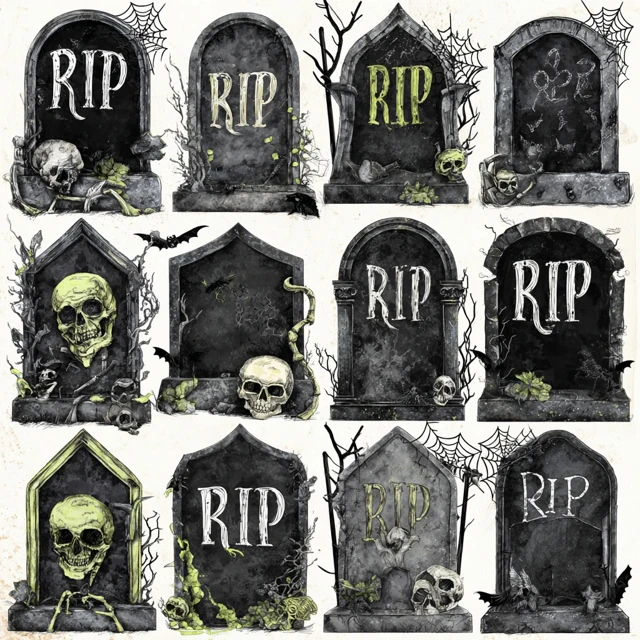 Spooky Halloween Tombstones RIP Gothic Skulls Bats Webs