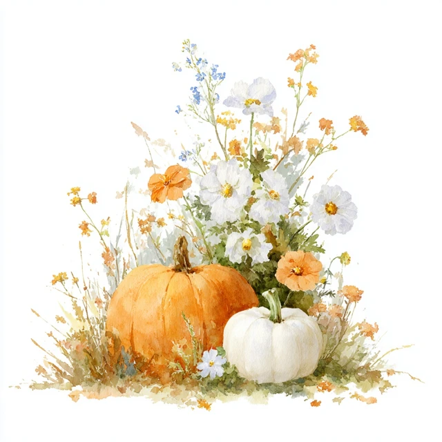 Watercolor Autumn Pumpkin and Wildflower Illustration