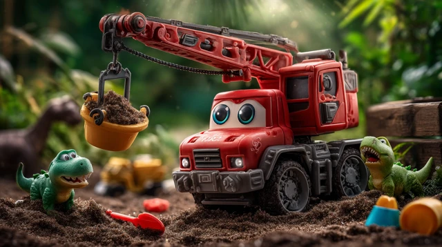 Cartoon Crane and Dinosaurs in a Sandbox