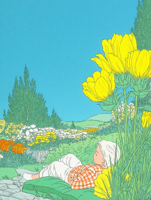 Girl with White Hair in Flower Garden Anime Illustration