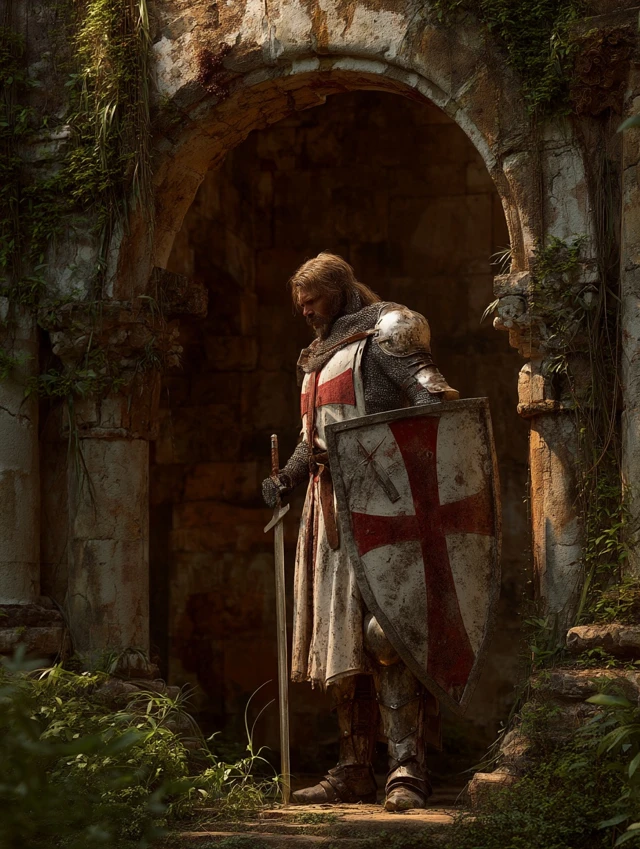Lone Templar Knight Guarding Ancient Ruins