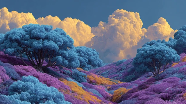 Psychedelic Landscape Blue Trees Violet Sky