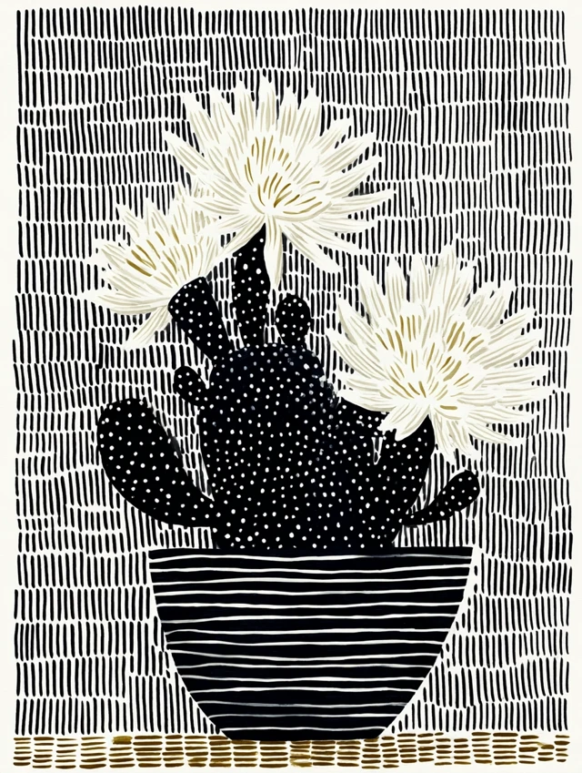 Cactus with White Flowers Naive Art