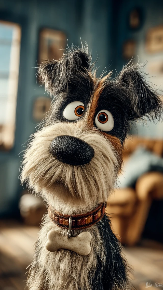 Pixar Style Cartoon Dog Staring at Bone