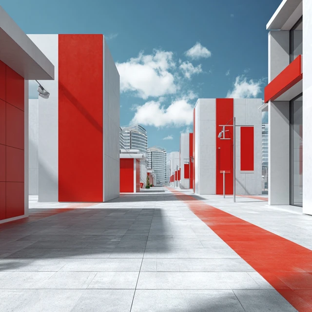 Modern Cityscape Red Accents Minimalist Architecture
