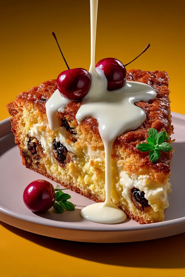 Vanilla Cake Slice with Condensed Milk and Blackberries