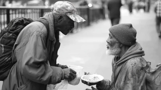 Sharing Food Kindness Homeless Man