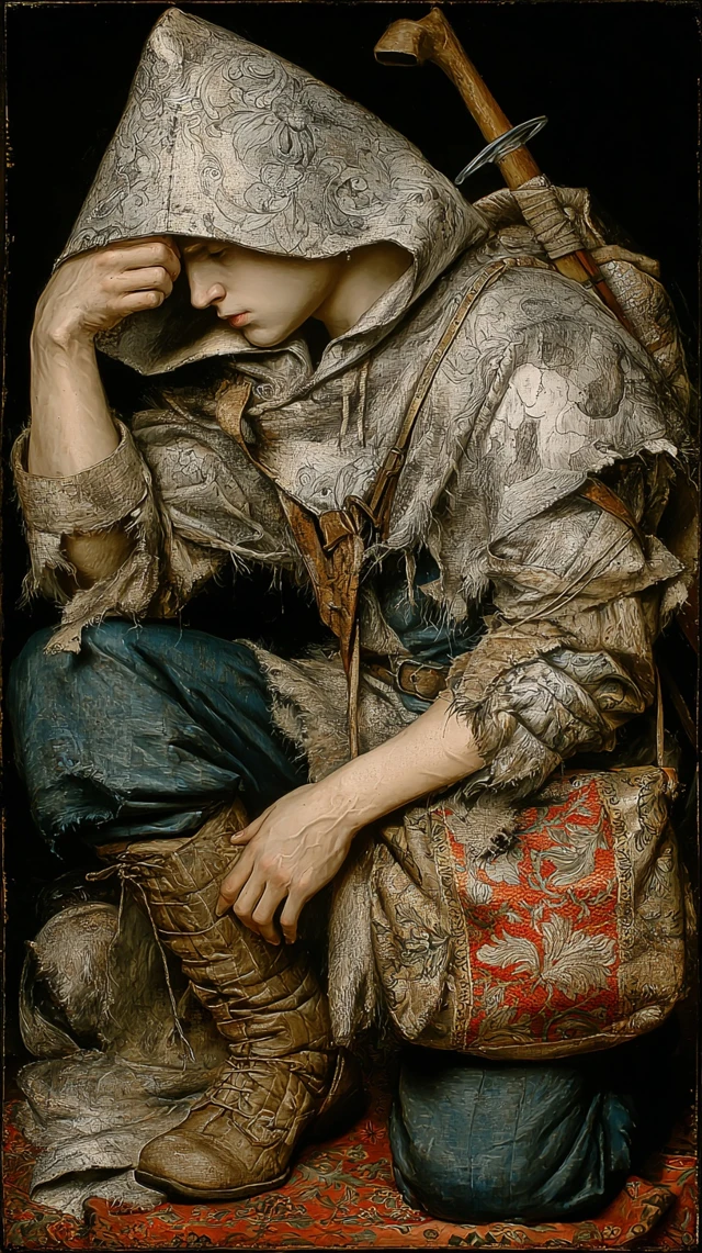 PostApocalyptic Wanderer Portrait Worn Cloak Tense