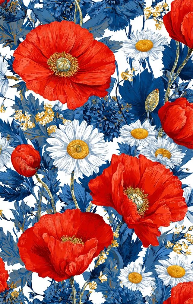 Red White and Blue Floral Pattern Poppies and Daisies