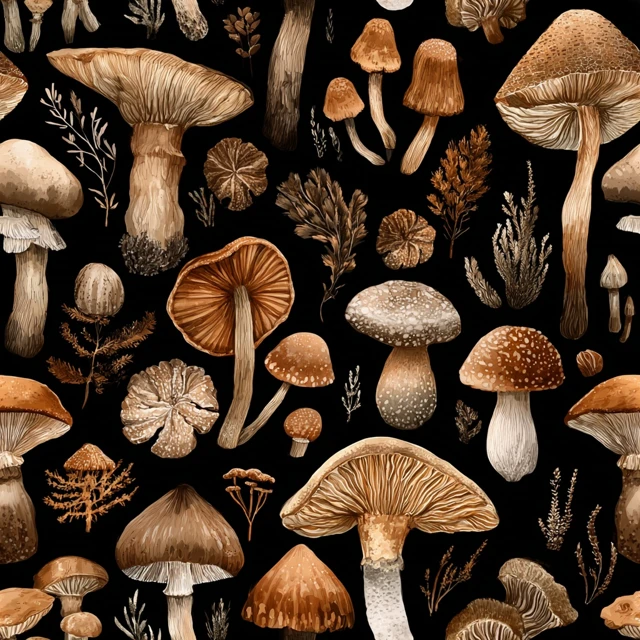 Watercolor Mushroom Seamless Pattern Black Background