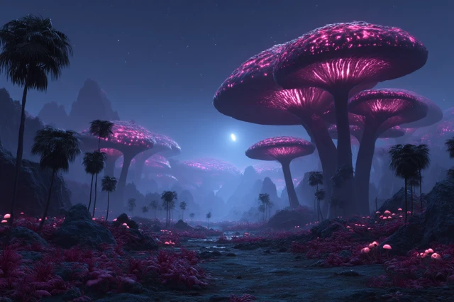 Alien Planet with Bioluminescent Mushrooms