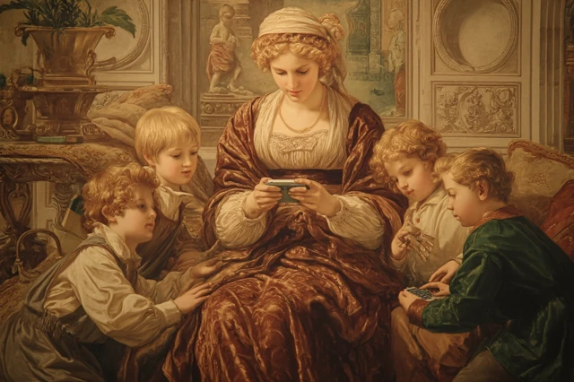 Renaissance Mother Playing Game Boy with Children
