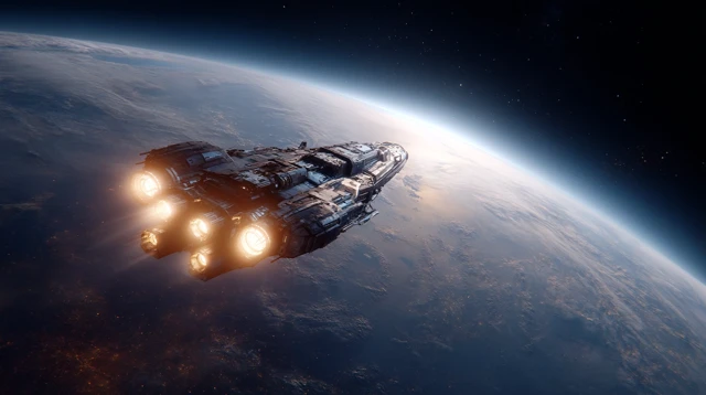Spaceship Orbiting Planet Cinematic Space Art