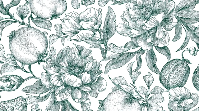 Botanical Line Art Pattern with Flowers and Fruits