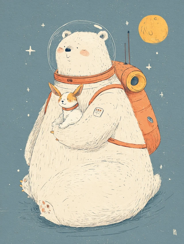 Cute Bear and Dog Astronauts on the Moon - Kawaii Illustration