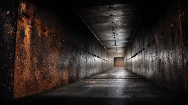 Dark Rusty Hallway with Distressed Steel Walls