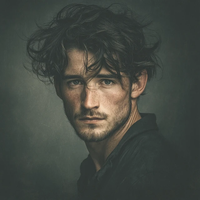 Handsome Man Portrait Dark Hair Stubble Intense Gaze