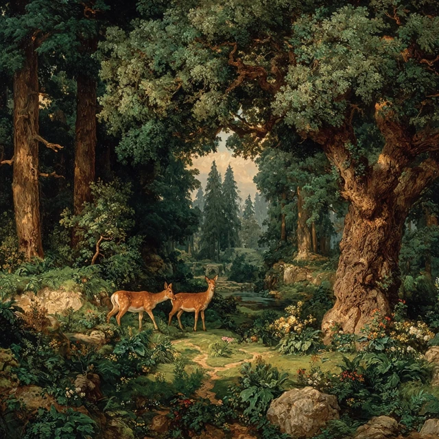 Mystical Forest Oil Painting Baroque Deer Scene