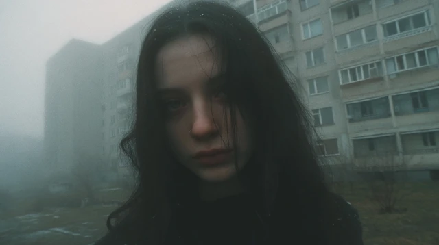 Slavic Beauty in Fog Long Black Hair and Soviet Era