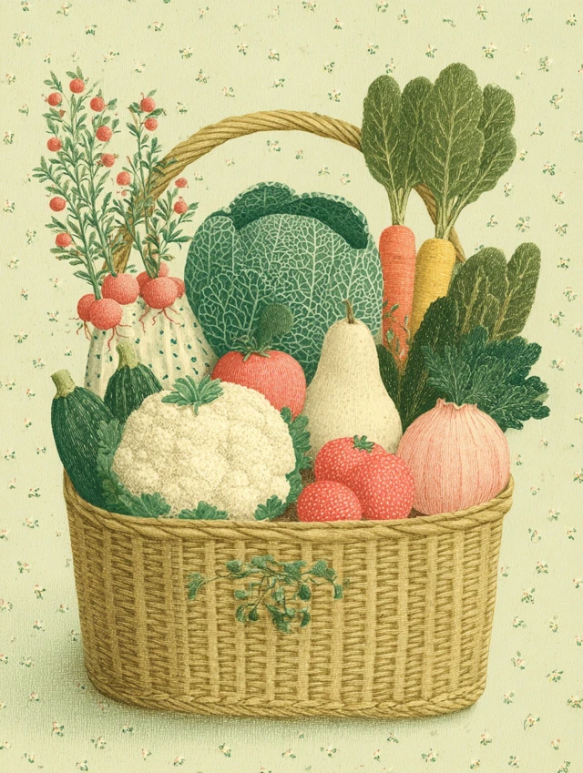 Whimsical Fruit and Vegetable Basket Illustration