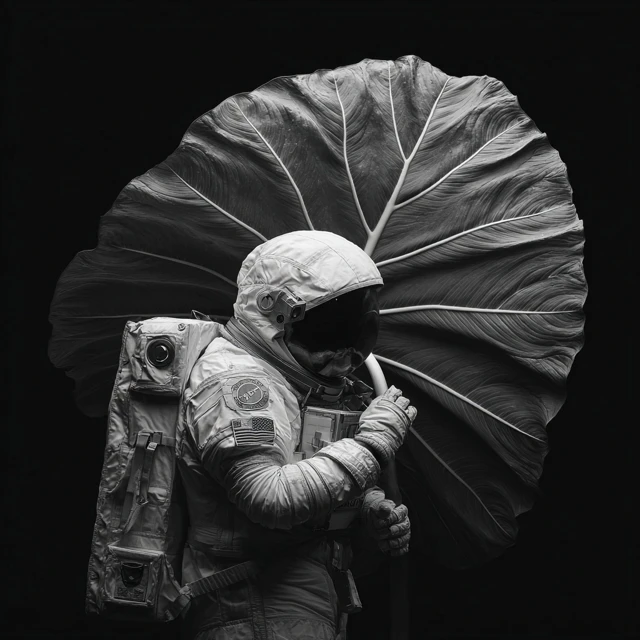 Astronaut with Taro Leaf Umbrella Cinematic Shot