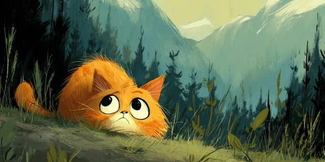 Sad Ginger Kitten in Forest Illustration