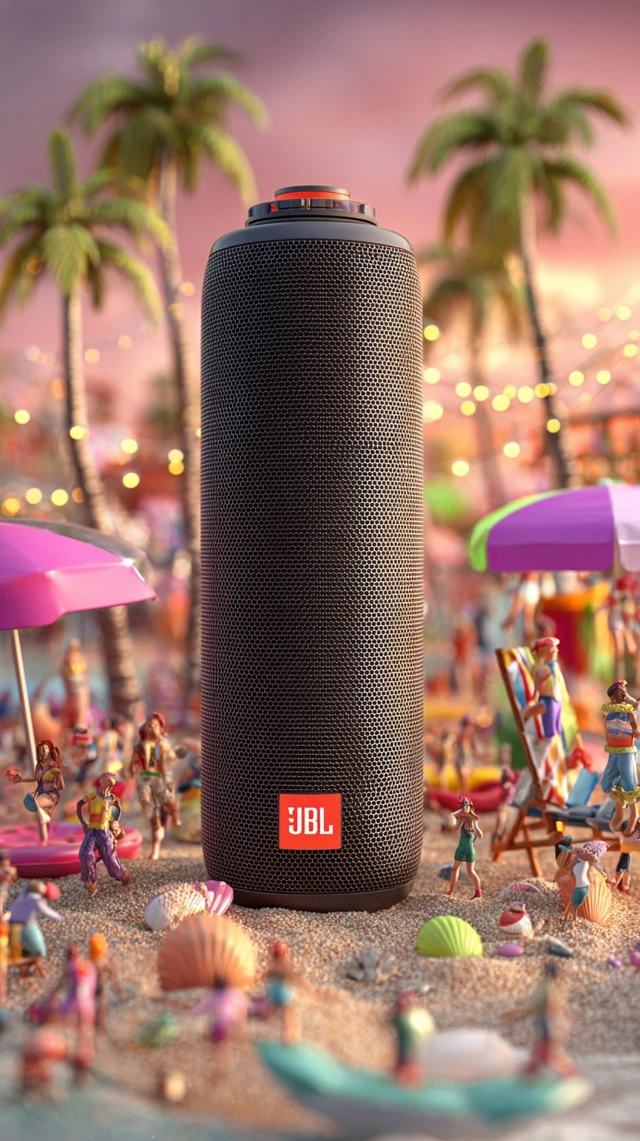 JBL Speaker on Beach Party Macro Shot Product Ad