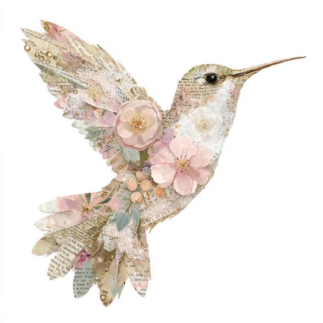 Hummingbird Collage Art: Shabby Chic Floral Illustration