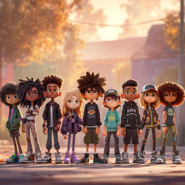 Animated Kids Group Pose 90s Cartoon Style