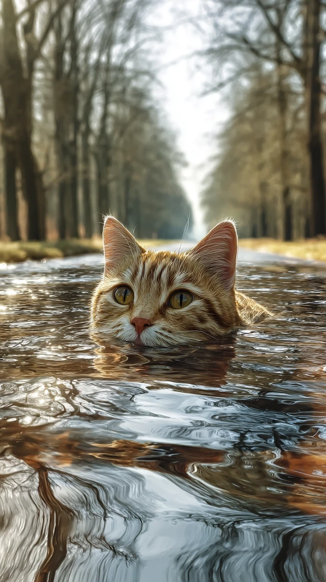 Scared Cat in Flooded Ditch After Rain 3D Render