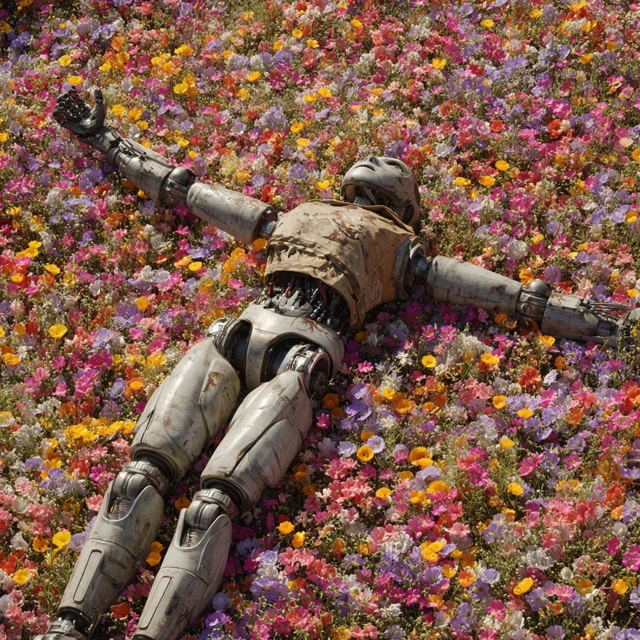 Robot Woman in Flower Field Surreal Dream