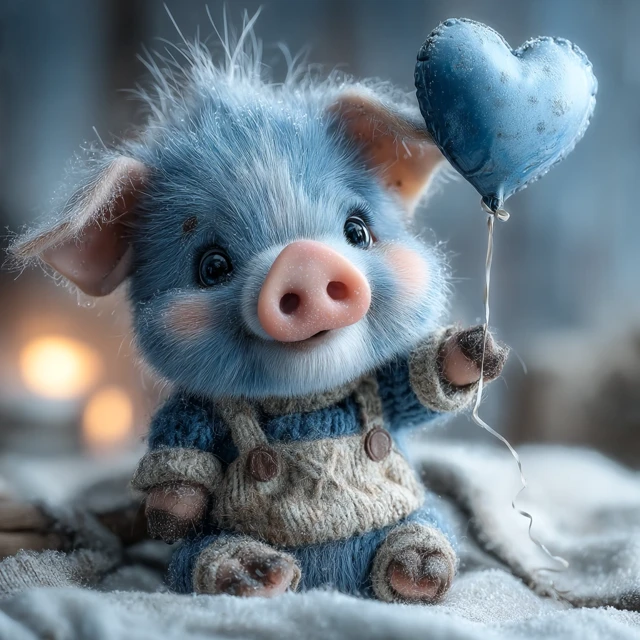 Sad Blue Piglet With Heart Balloon In Winter